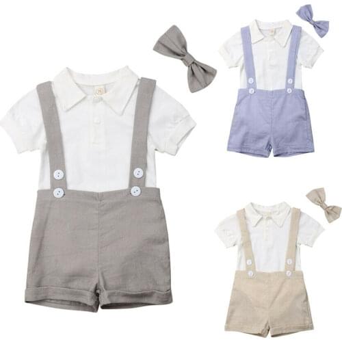 3PCS Set Little Gentleman Newborn Baby Boy Short Sleeve Bodysuit Tops Overall Suspender Shorts Bowtie Summer Clothing Set