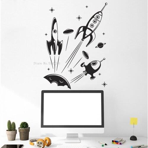 Cosmos Astronaut Rocket Moon Stars Vinyl Wall Decal Alien Spaceship Home Decor for Kids Baby Room Art Stickers Gift Y087