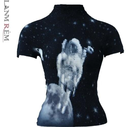 LANMREM high qualty all-match slim stretch fabric pleated t-shirt for women 2021 summer new short sleeve printting tops YJ773