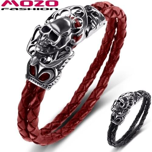 MOZO FASHION Men 2021 New Black Genuine Leather Bracelet Stainless Steel Hyperbole Skull Punk Charm Women Wholesale Jewelry 522