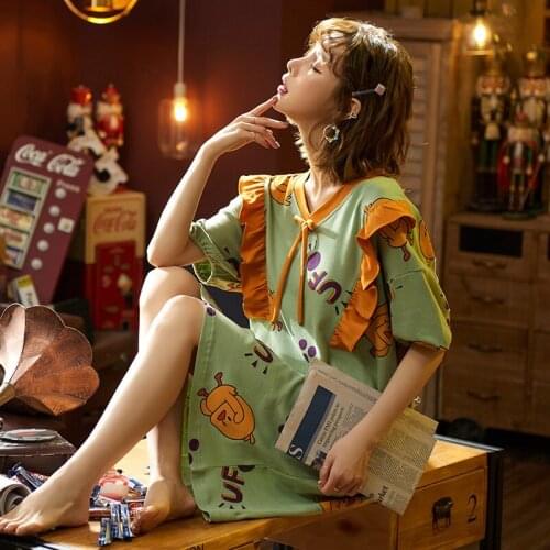 2020 new hot sale summer nightgown print cartoon sleepwear female soft cotton casual home wear ladies pajamas mujer dress