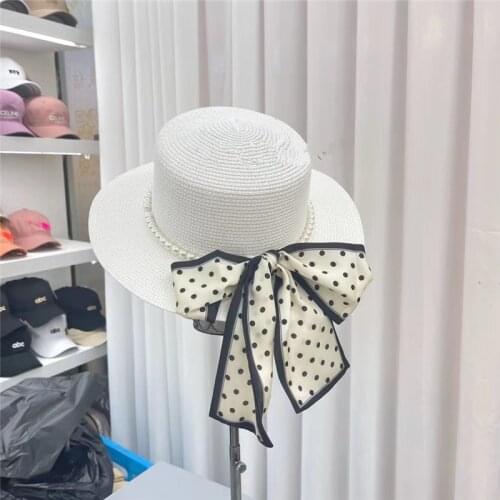 202105-dudu new Paper grass pearl dot ribbon bowknot lady grace fedoras cap women leisure panama jazz hat