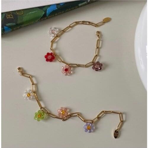 Origin Summer Temperament Multicolor Flower Charm Bracelet for Women Girls Chunky Chain Gold Color Metal Hollow Bracelet Jewelry