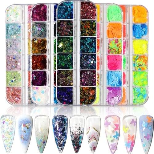 12 Gridslaser Flash Butterfly Nail Art Sequins 3d Mixed Color Tree Leaf Nail Art Patch Art Decoration Accessories