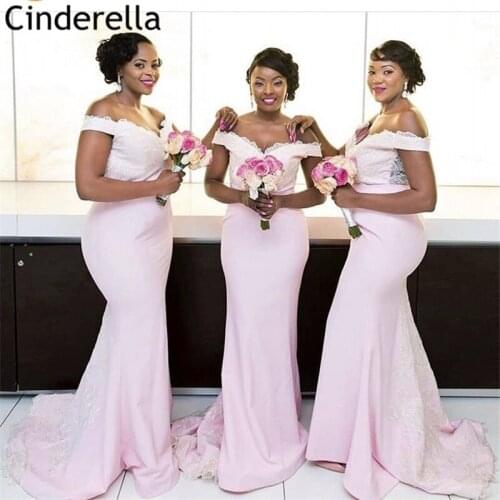 Bridesmaid Dresses Pink Off The Shoulder Satin Lace Applique Mermaid Bridesmaid Dresses With Zipper Back Wedding Party Dresses