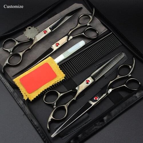 Customize 5 kit Japan steel 7 '' black Pet dog grooming hair scissors thinning shears cutting barber set hairdressing scissors