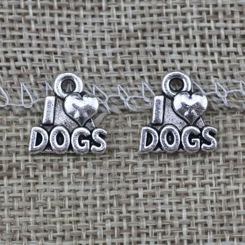 High Quality 20 Pieces/Lot 13mm*13mm Antique Silver Plated Alloy Diy Charm I Love Dogs Message Pet Dog Charms For Jewelry Making