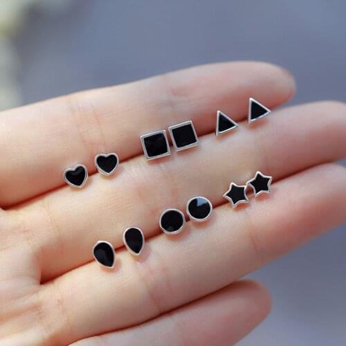 Simple Square Triangle Round Star Heart Earrings 925 Sterling Silver Stud Earrings For Women Black Enamel Wedding Earrings