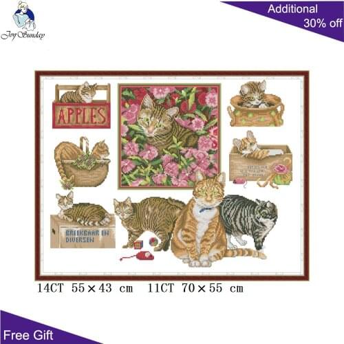 Joy Sunday Cats DA517 Counted and Stamped Home Decor Kittens Animal Needlepoints Needlework Embroidery DIY Cross Stitch kits
