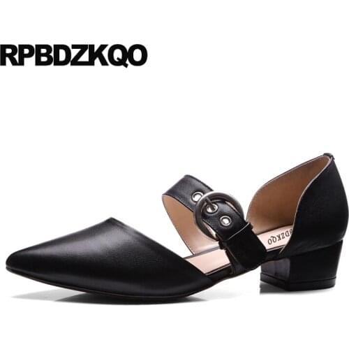 Size 4 34 Belts High Heels Leather Pumps Low Fashion Sandals Women 2017 Chunky Shoes Mary Jane Pointed Toe Metal Black Chinese