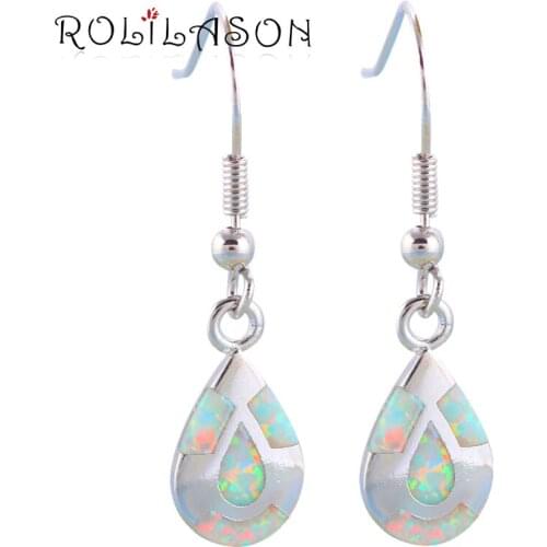 ROLILASON 2017 New Arrival Trendy Blue Fire Opal Silver stamped Drop Earrings Fashion Opal Jewelry OES654 for Lover Gift