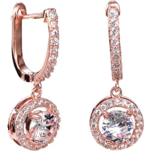 Rose Gold Color Women Dangle Earrings Brilliant Crystal Zirconia Hook Earrings Wedding Party Elegant Bridal Fashion Jewelry