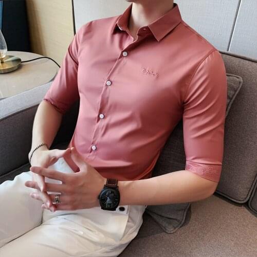 High Quality Solid Luxury Social Embroidery Men Casual Shirts Half Sleeve Shirt Slim Fit Male Casual Business Men Dress Shirt