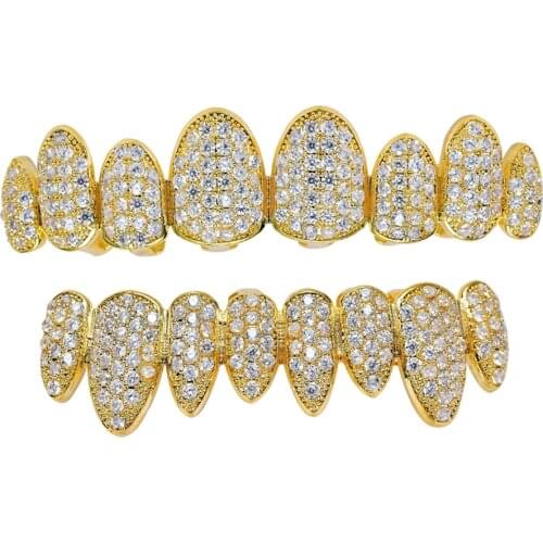 Hip Hop Teeth Grillz Pure Gold Color Plated Micro Pave CZ Stones Top & Bottom GRILLZ Mouth Teeth Grills Sets