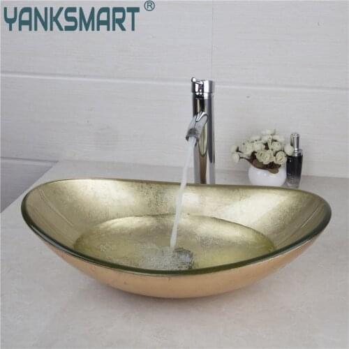 YANKSMART Yellow Oval Glass Washroom Basin Vessel Vanity Sink Bathroom Mixer Basin Washbasin Brass chrome Faucet Set w/ Drain