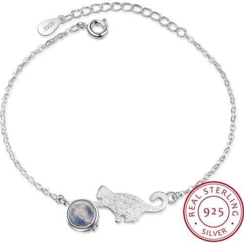 Hand Drawing Female Fashion Moonstone Cute Animal 925 Sterling Silver Jewelry Crystal Sweet Cat Temperament Bracelets Sb119
