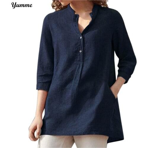 Retro Womens V Neck 3/4 Sleeve Cotton Linen Solid Casual Loose Solid Tops Shirt Party Blouse Buttons Blusas Plus Size #LR4