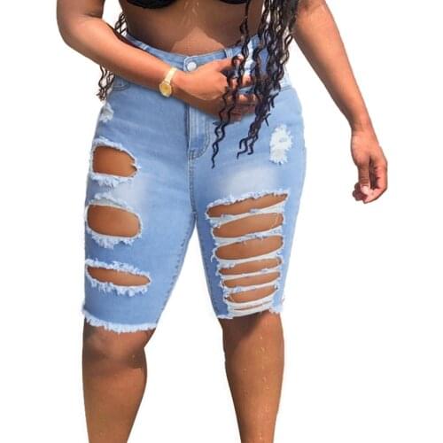 Knee Length Ripped Jeans for Women Destroyed Biker Shorts High Waist Slim Denim Shorts Fashion Tassel Hollow Out Washed Jeans