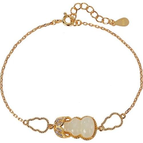 925 sterling silver gold-plated natural Hetian jade bracelet vintage personality hollow out gourd ladies bracelet