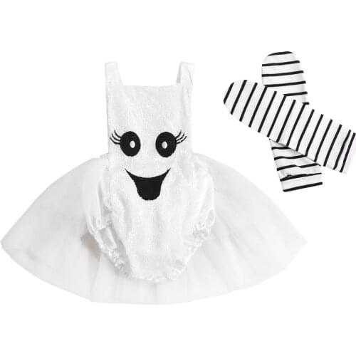 Infant Baby Suit Set, Halloween Cartoon Patterns Square Neck Sleeveless Romper+ Striped Leg Warmer for Summer, 0-24 Months