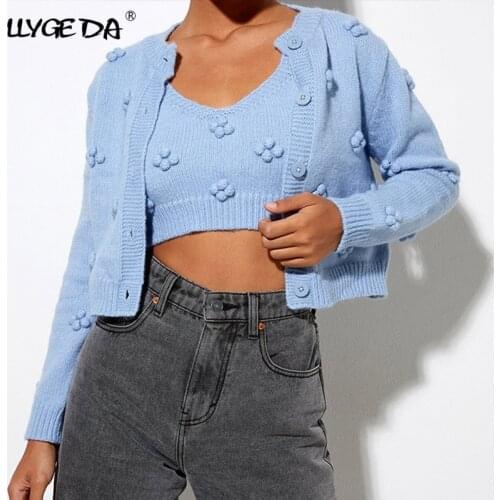 Floret Knit Short Cardigan For Women Solid Camisole Long Sleeve Women Sweater 2021 Autumn Winter Fashion Casual Sweaters Woman