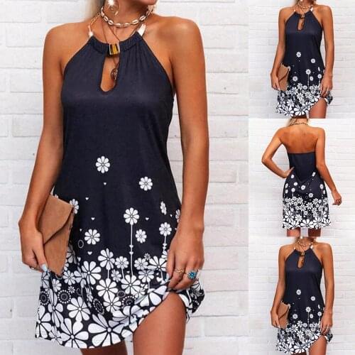 Hollow Out Ladies Summer Dress Halter Women Tank Dress Floral Printed Sexy Straight Sleeveless Backless Sundress D30