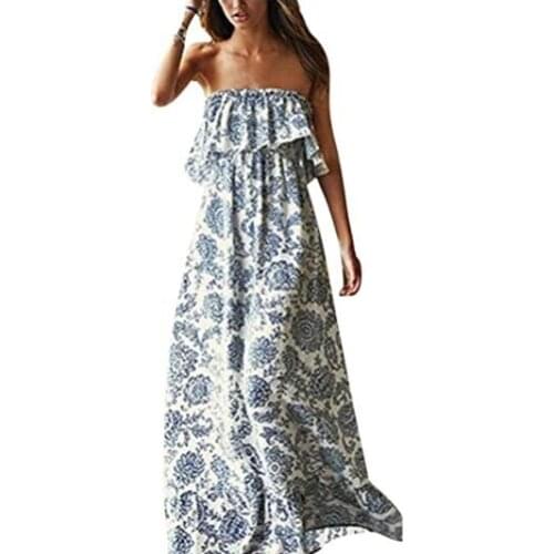 Beach Boho Dress Long Off Shoulder Floral Print Floor Length Women Summer Blue And White Porcelain Strapless Maxi Long Dress