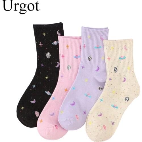 Urgot 1 Pair Women Socks New Cotton Fashion Sports Crew Planet Trend Socks Cartoon Starry sky Print Personality Comfortable Sock