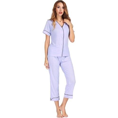 2019 Summer Pajamas Set Women Thread Cotton Short Sleeve & 3/4 Pants Sleepwear Ladies Casual Pijamas Mujer Nightwear Homewear