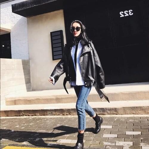 2021 New Women Spring Autumn Black Faux Leather Jackets Zipper Basic Coat Turn-down Collar Motor Biker Jacket With Belt Loose