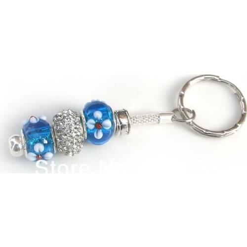 Free shipping 2pcs/lot silver key chain 925 core glass beads key ring 83mm long 20mm ring dia.-red pretty family-blue dream