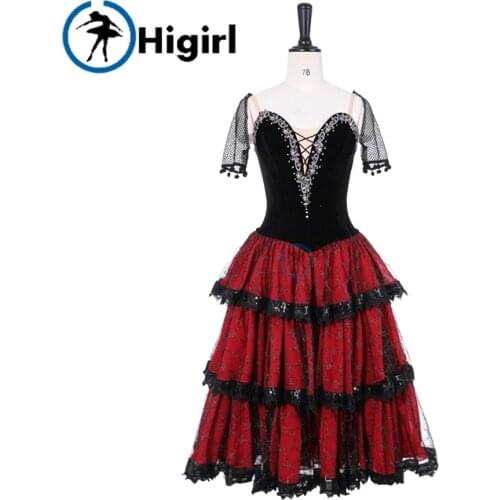 Don Quixote Variation Performance Tulle Dress Spanish Kitri Ballet Long Tutu Red Black,Professional Ballet Stage Costume BT9500