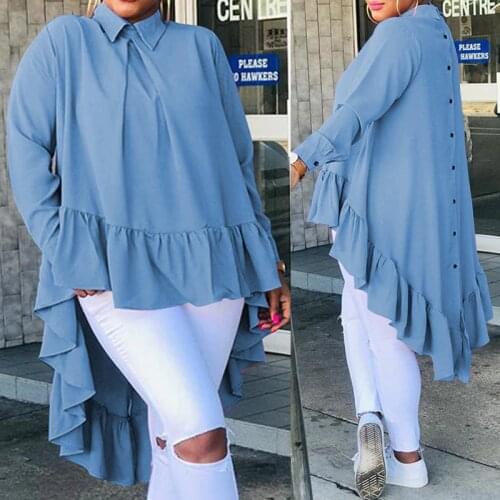 Celmia Oversized Long Sleeve Blouse Casual Soild Lapel Asymmetrical Long Shirts Ruffles Hem Back Button Loose Top Elegant Blusas