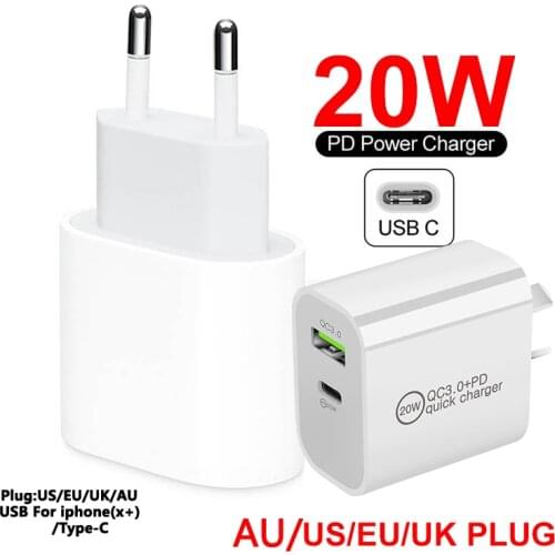Quick pd charger 20W QC3.0 Double hole Mobile Phone Fast charger For EU/UK/AU/US plug for ios for android for Type-C cable USB