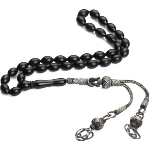 Natural Jet Stone Prayer Bead With Silver Tassel Men Rosary Islamic Tasbih Made in Turkey 925 Sterling Silver