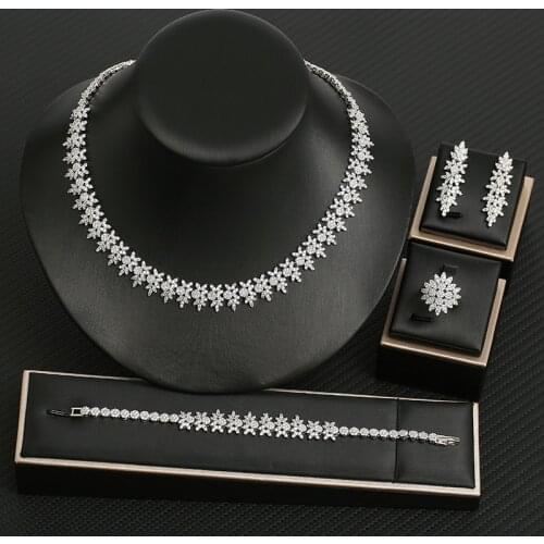 HIBRIDE Vintage Classic Bride Women Necklace Earring Ring and Bracelet 4PCS Set Leaf Shape CZ Jewelry Set Formal Occasion N-1203