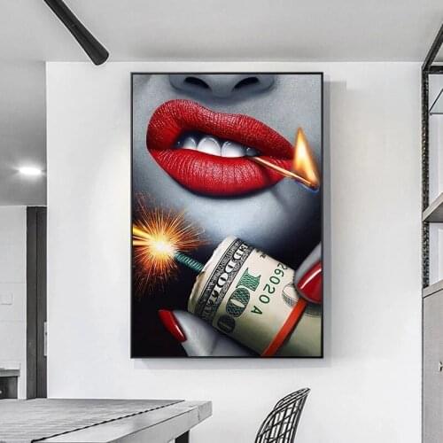Red Sexy Lips with Money Canvas Painting Poster and Prints Pop Wall Art Pictures Cuadros for Living Room Decoration