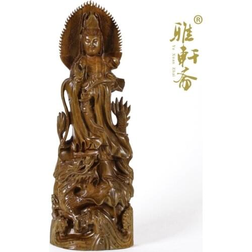 Red wood crafts home furnishings Green Sandalwood Guanyin Bodhisattva Buddha statue wood carving Fengshui decoration