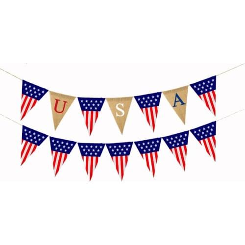 Linen Hanging Triangular Burlap Banner USA Independence Day Memorial Star Bunting Flag 4th of July Decoration Party Decor