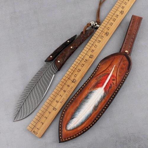Damascus steel wooden handle feather fixed straight knife tactical outdoor camping mountaineering hunting survival tool knife
