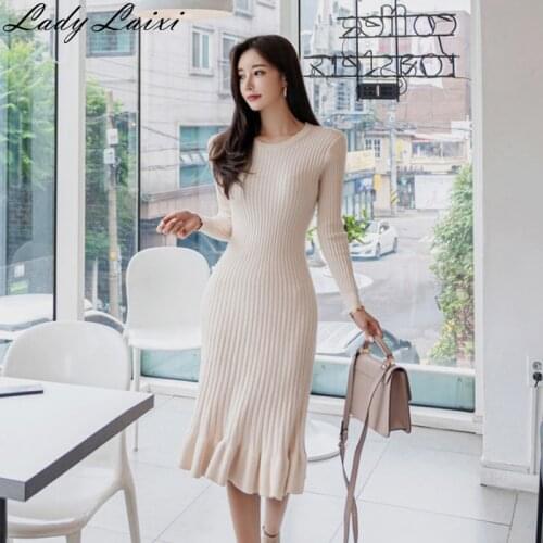 Autumn Winter Solid Color Bottoming Knitted Dress Women office OL Elegant Elastic Bodycon Mermaid dresses Vestidos