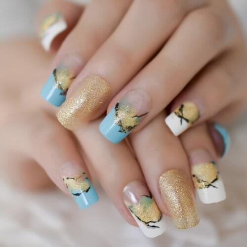 Ink Wash Pattern White Blue French False Nails Full Cover Nail Art Gold Glitter Acrylic Fake Nail Tips Artificial Manicure Tools