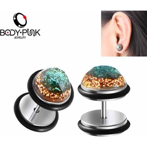 Body Punk 16G Fake Ear Plugs Green Gold Glitter Geometric Stainless Steel Surface Stud Earrings Piercing Body Jewelry for Women