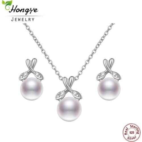 Hongye 2020 Hot Selling Freshwater White Pearl 925 Sterling Silver Necklace&Stud Earring Jewelry Sets for Women Girl for Gifts