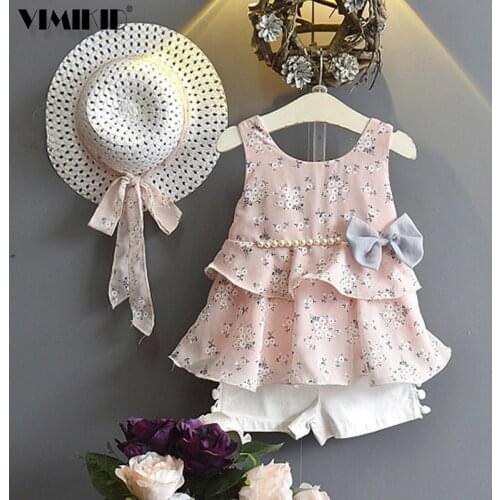 VIMIKID Girls Clothing Sets 2019 Summer Kids Clothes Floral Chiffon Halter+embroidered Shorts Straw Children Clothing