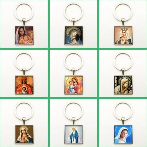 Vintage Square Keychain Jesus Convex Photo Glass Dome Bag Charm DIY Key Ring Christian Religion Jewelry Gift Souvenir Handmade