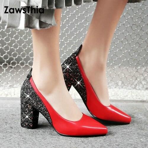 ZawsThia 2020 patent PU point toe chunky block high heels glitter bling woman pumps shoes stiletto wedding party shoes women