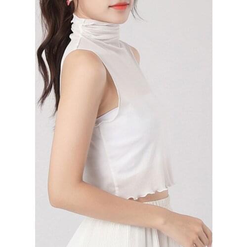 40GC Women Autumn Ruffles Turtleneck Mesh Fake Collar Semi Sheer Vest Style Half Tops