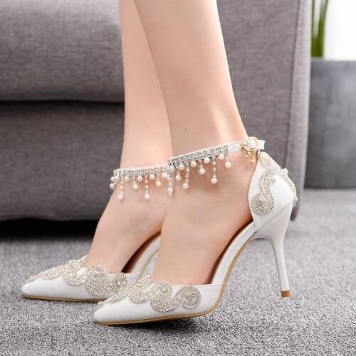 Women White Tassel Diamond Thin Heels Beaded Wedding Shoes Woman Large Size 34-42 Sandals Rhinestone Bridal Dress Shoes H0060