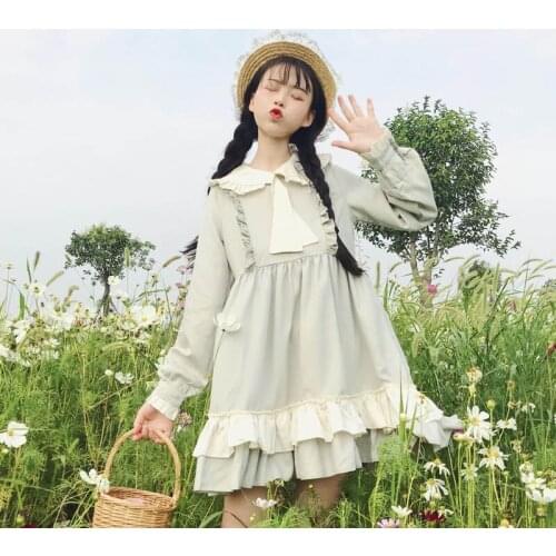 Kawaii Lolita Dress Women Spring Summer 2021 New Japanese Sweet Cute Doll Collar Ruffle Loose Long Sleeve Dress Mini Vestidos